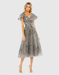 Gray Embellished Butterfly Fit and Flare Tea-Length Dress