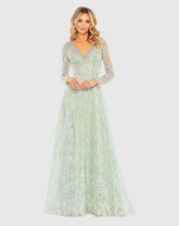 Green Crystal Embellished Long Sleeve V Neck Gown