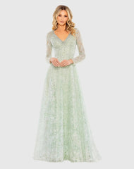 Crystal Embellished Long Sleeve V-Neck Gown