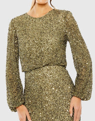 Green High Neck Long Sleeve Beaded Blouson Gown