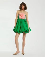 Green Strapless Faille Mini Dress With 3D Flower