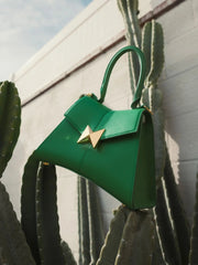 Green Angular Small Leather Handbag With Gold Hardware
