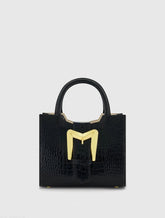 Black Crocodile Leather Tote Bag With Gold Buckle