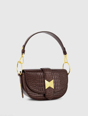 Brown Crocodile Leather Saddle Bag With Gold Hardware