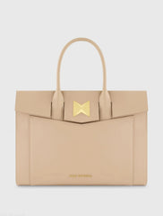 Beige Large Leather Briefcase Bag With Gold Hardware