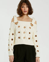 Ivory Chunky Knit Off The Shoulder Grommet Cropped Sweater - FINAL SALE