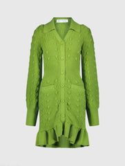 Green Long Sleeve Button Up Collared Bobble Knit Sweater Dress