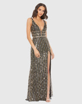 Metallic Embellished Plunge Neck Open Back Gown