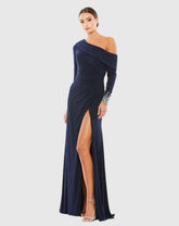 Navy Beaded Cuff Drop Shoulder Faux Wrap Gown