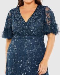 Navy Sequin Embellished Flutter Sleeve V-Neck Gown (Plus)