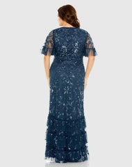 Navy Sequin Embellished Flutter Sleeve V-Neck Gown (Plus)
