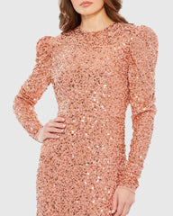 Orange Sequined Long Sleeve High Neck Trumpet Dress - FINAL SALE