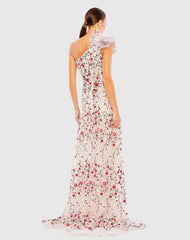 Pink Embellished One Shoulder A Line Floral Gown