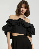 Black Faille Off The Shoulder Bustier Ruffle Top - FINAL SALE