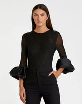 Black Mesh Long Sleeve Bodysuit With Satin Puff Sleeve - FINAL SALE