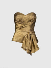 Gold Metallic Lamé Strapless Wrap Top With Bow Detail
