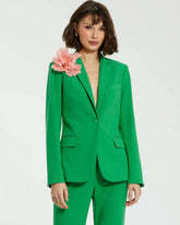 Green Classic Crepe Blazer Jacket With Flower
