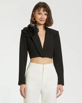 Black Notch Collar Crepe Cropped Tailored Blazer Jacket - Final Sale