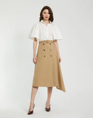 Beige Twill Midi Skirt With Buttons