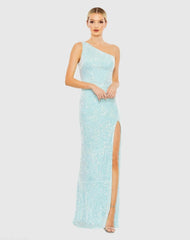 Sequined One Shoulder Draped Back Gown