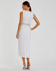 White Sleeveless High Neck Beaded Midi Sheath Dress