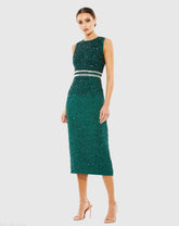 Green Sleeveless High Neck Beaded Midi Sheath Dress