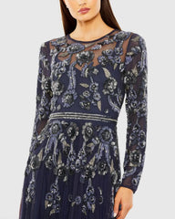 Navy Long Sleeve High Neck Floral Beaded A-line Mesh Gown