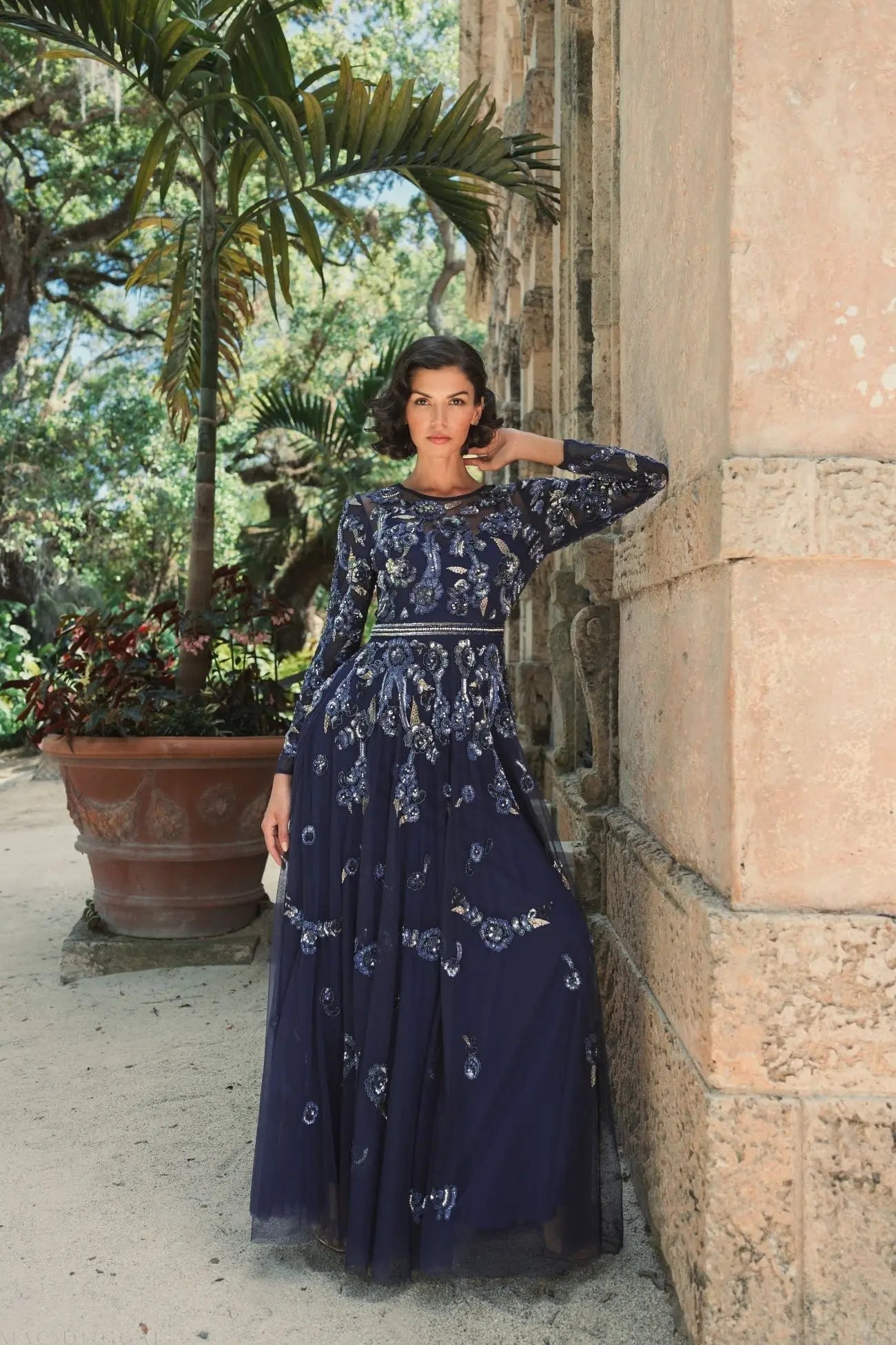 Navy Long Sleeve High Neck Floral Beaded A-line Mesh Gown
