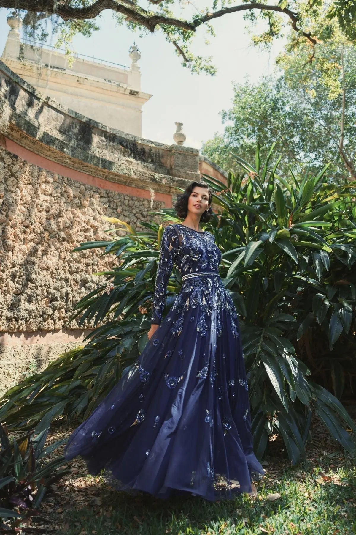 Navy Long Sleeve High Neck Floral Beaded A-line Mesh Gown