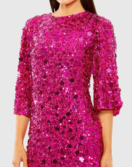 Pink Quarter Sleeve High Neck Sequin Embellished Mini Dress