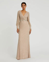 Beige Wrap Over Bishop Sleeve Gown With Pearl Beading