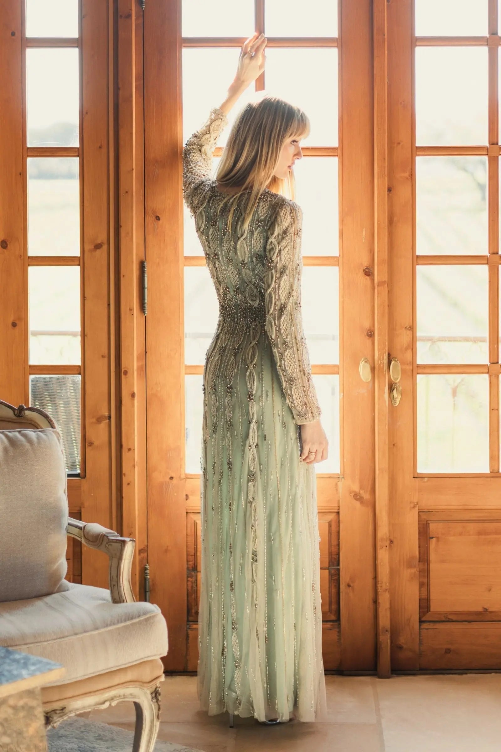 Green Embellished Mesh Long Sleeve A Line Gown