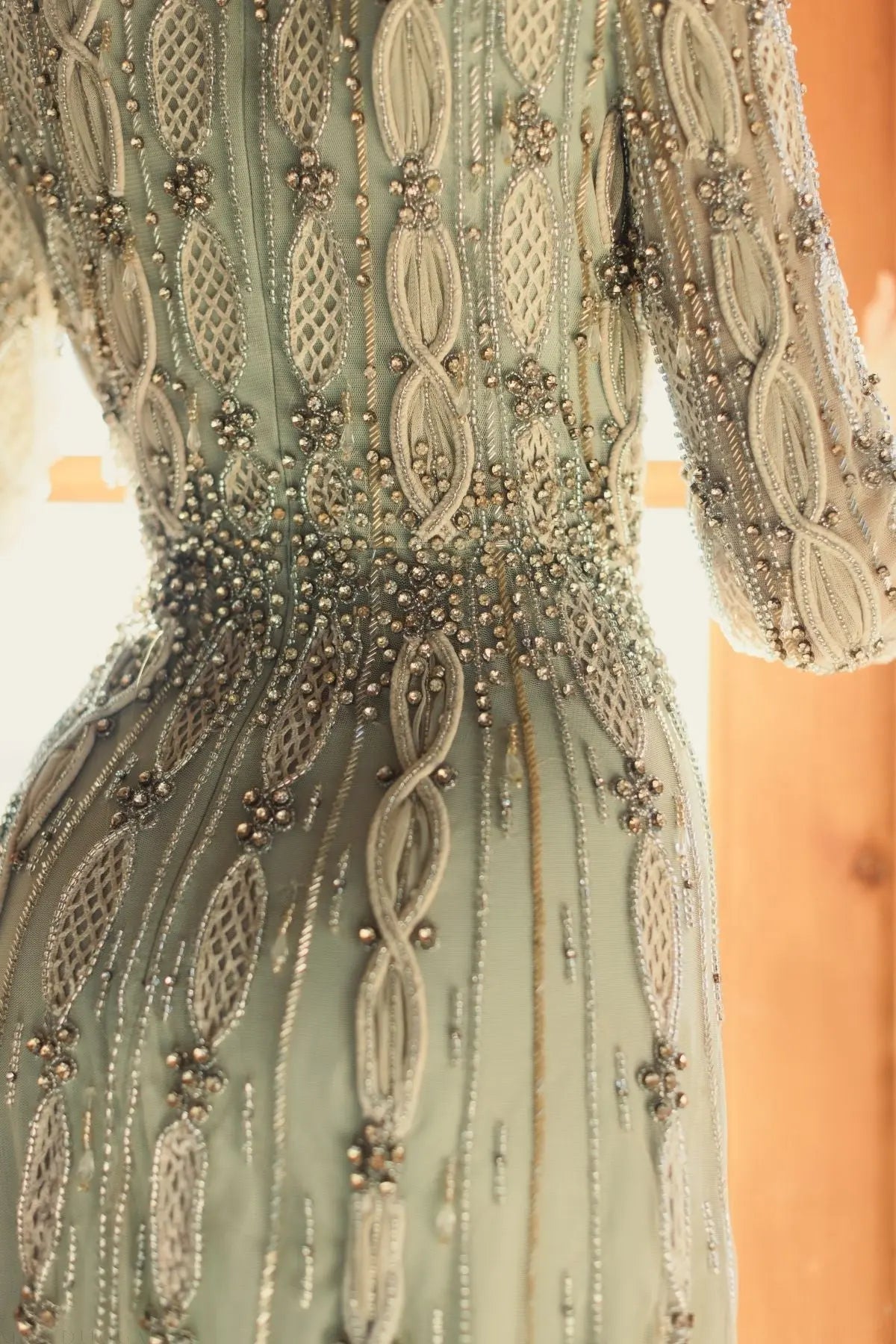 Green Embellished Mesh Long Sleeve A Line Gown