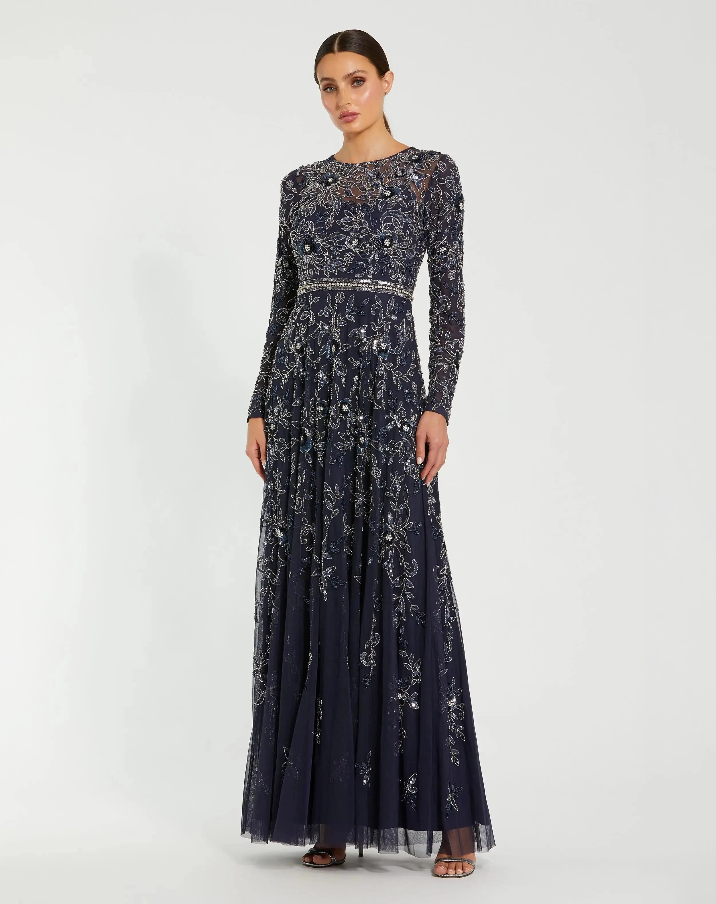 Long Sleeve Floral Embellished A-line Gown