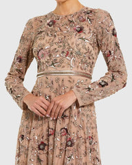 Beige Long Sleeve Floral Embellished A-line Gown