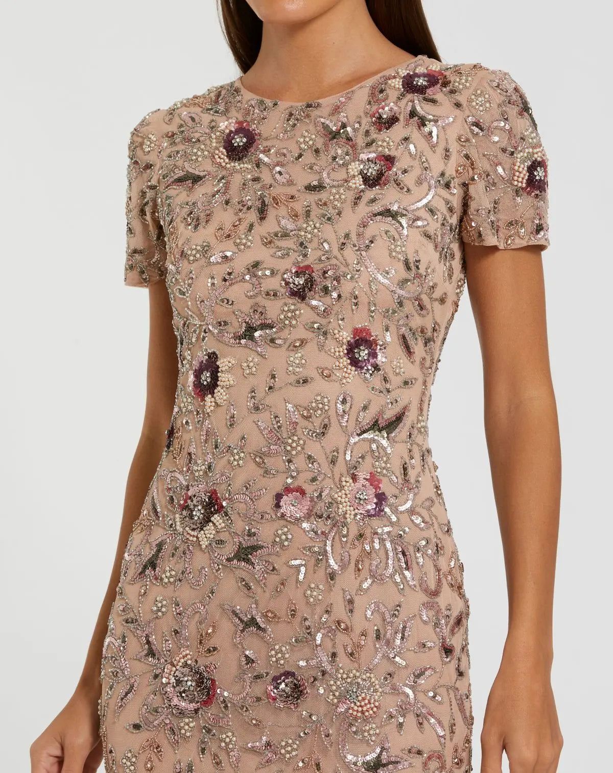 Beige Floral Embellished Short Sleeve Midi Dress