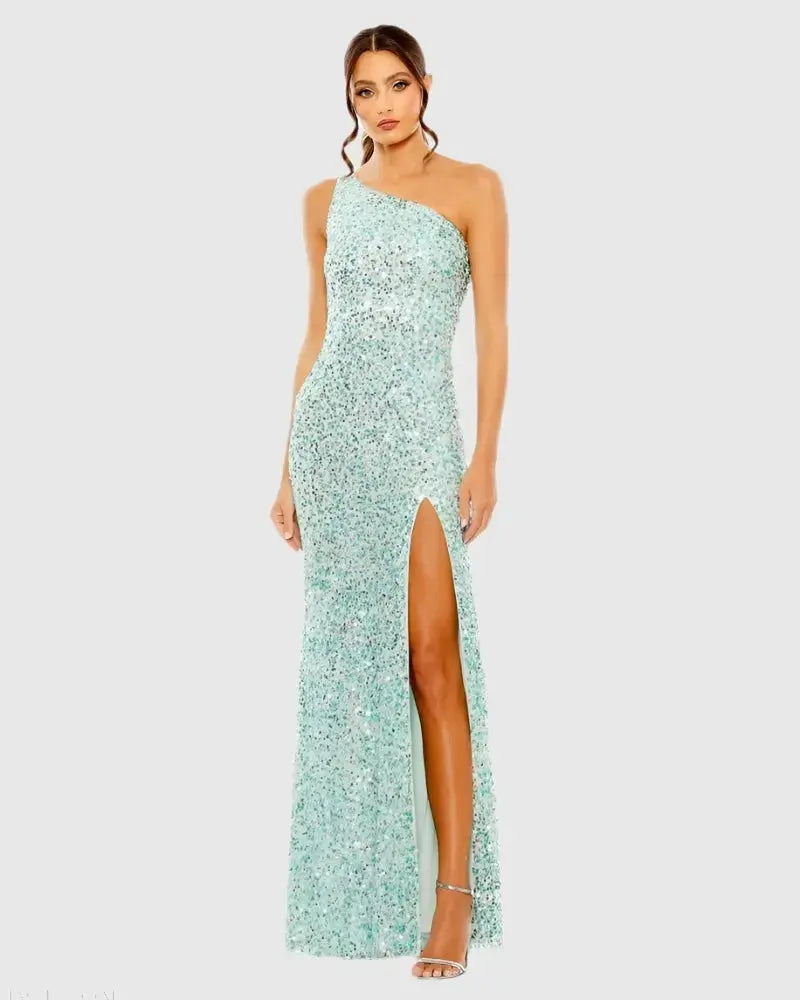 Blue Sequined One Shoulder Gown With Slit