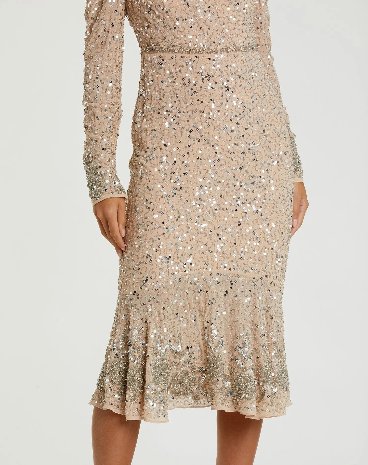 Beige Sequin Dress with Embellished Hemline and Belt
