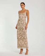 Pink Sleeveless Hand Embellished Floral Maxi Dress