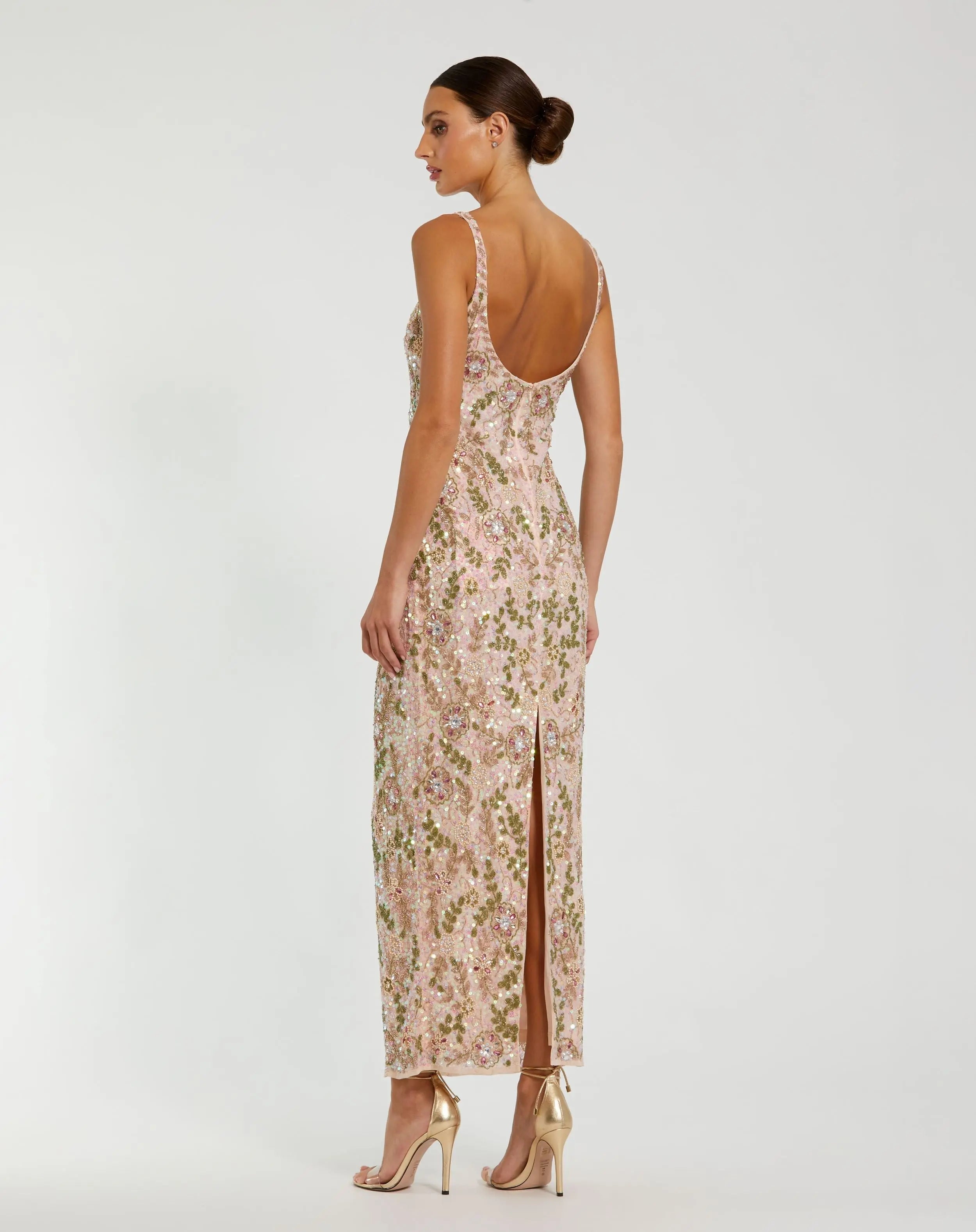Pink Sleeveless Hand Embellished Floral Maxi Dress