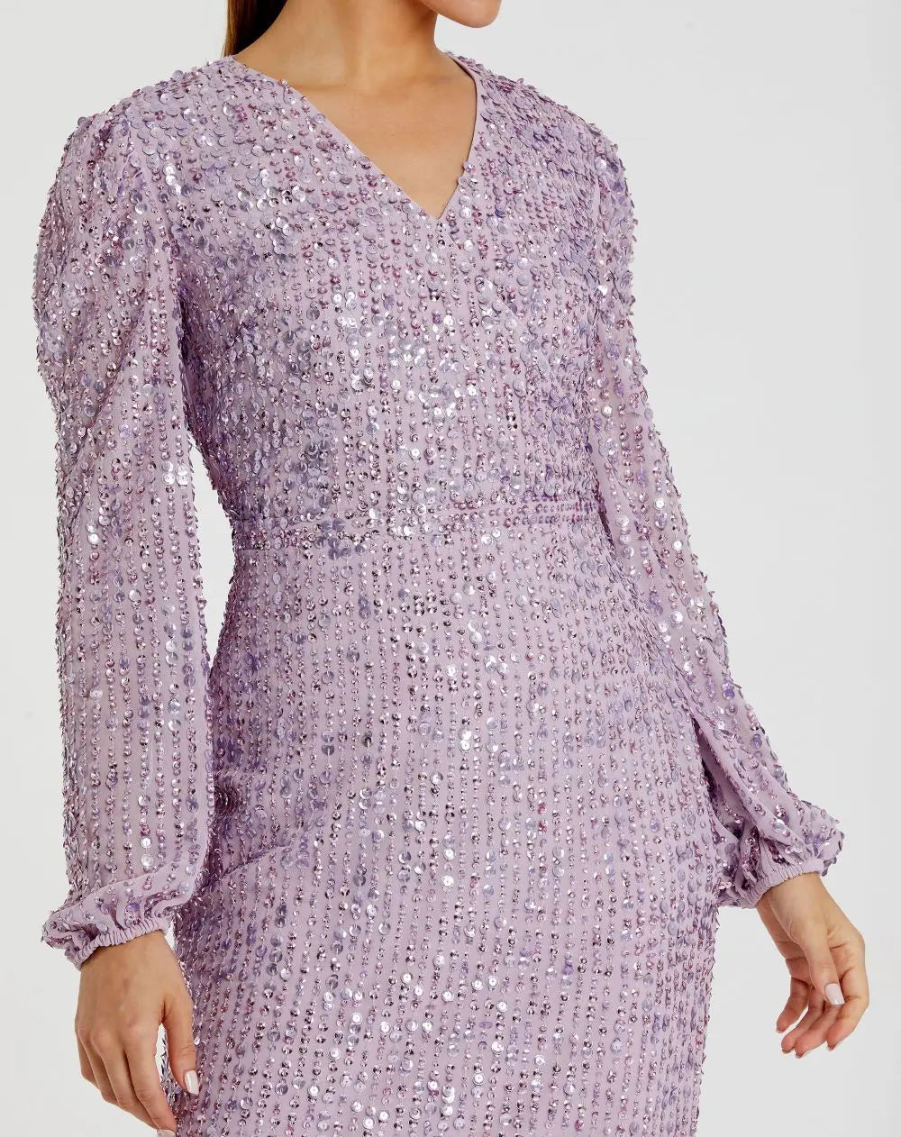 Purple Sequined Illusion Puff Sleeve V Neck Midi Dress