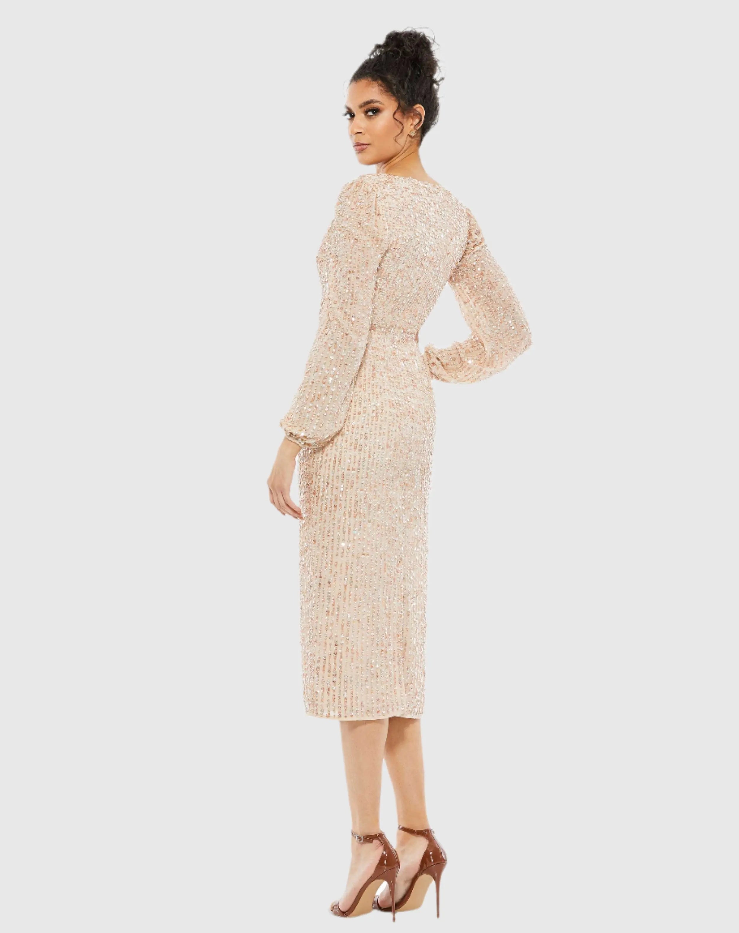 Beige Sequined Illusion Puff Sleeve V Neck Midi Dress