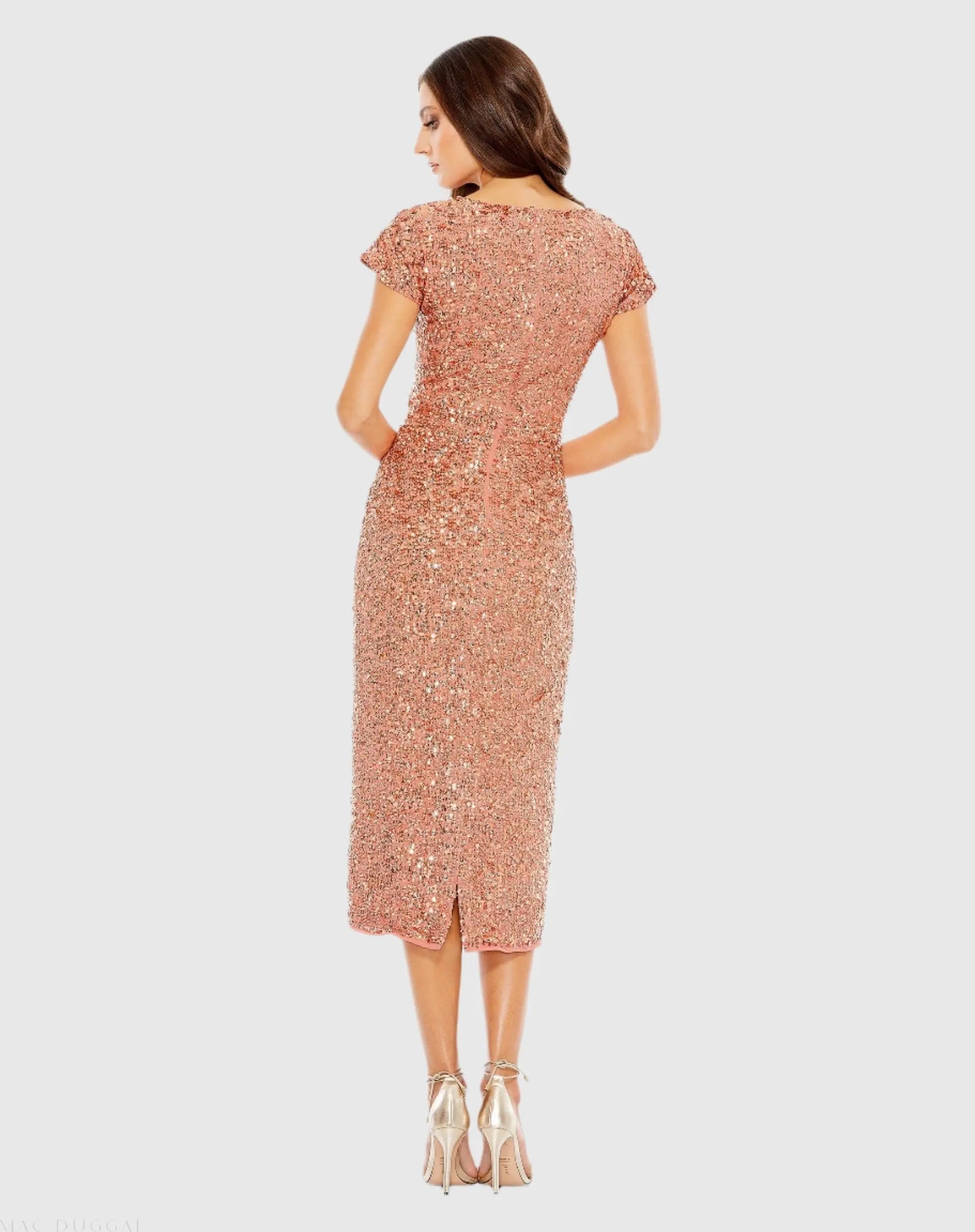 Orange Sequined Cap Sleeve Wrap Over Cocktail Dress