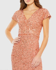 Orange Sequined Cap Sleeve Wrap Over Cocktail Dress