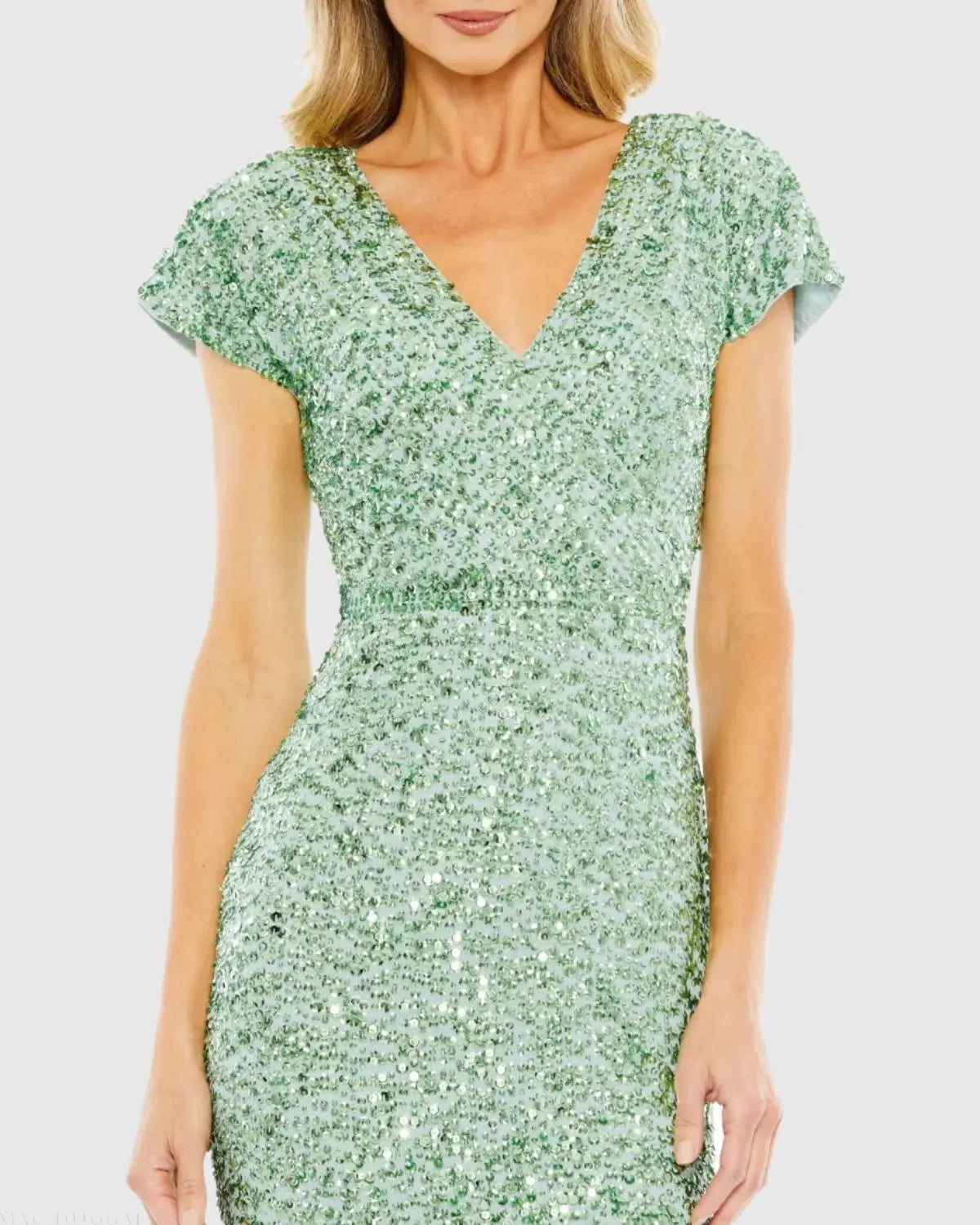 Green Sequined Cap Sleeve Wrap Over Cocktail Dress