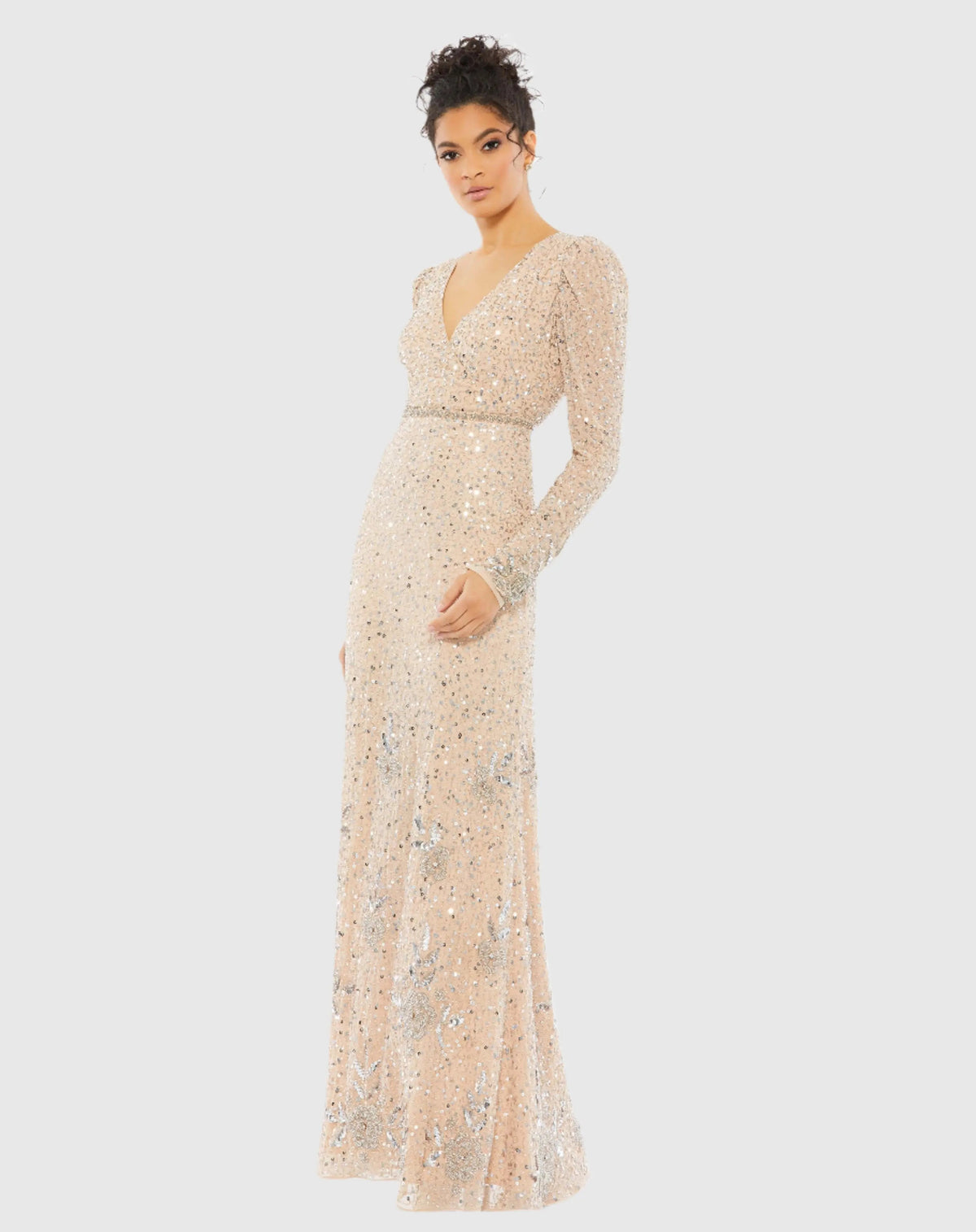 Beige Sequined Floral Embellished Long Sleeve Gown