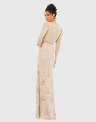 Beige Sequined Floral Embellished Long Sleeve Gown