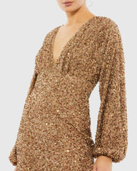 Brown Sequined Puff Sleeve V Neck Gown