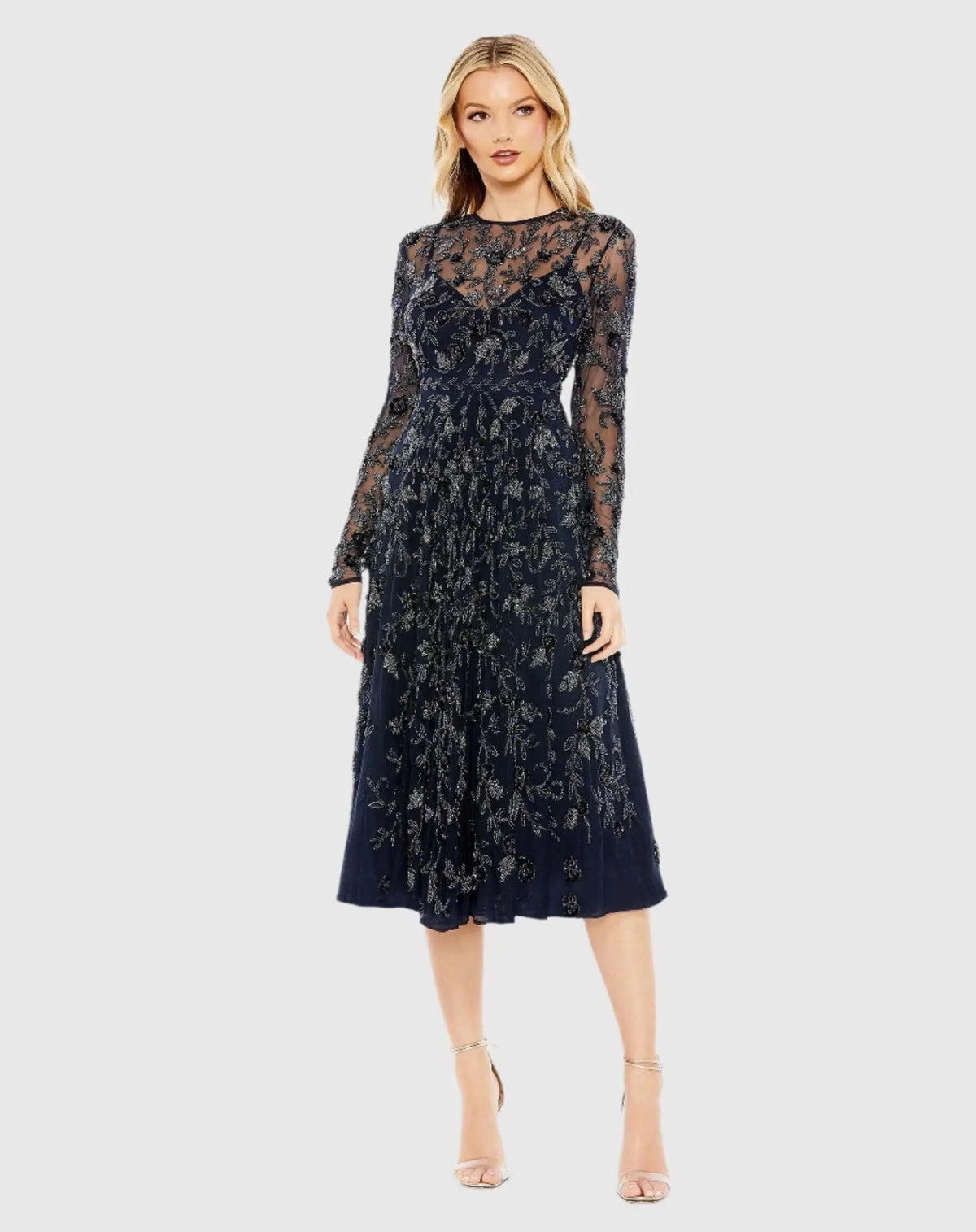 Navy Beaded Illusion High Neck Long Sleeve A Line Dress