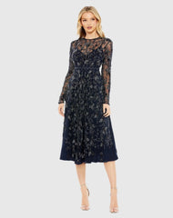 Navy Beaded Illusion High Neck Long Sleeve A Line Dress